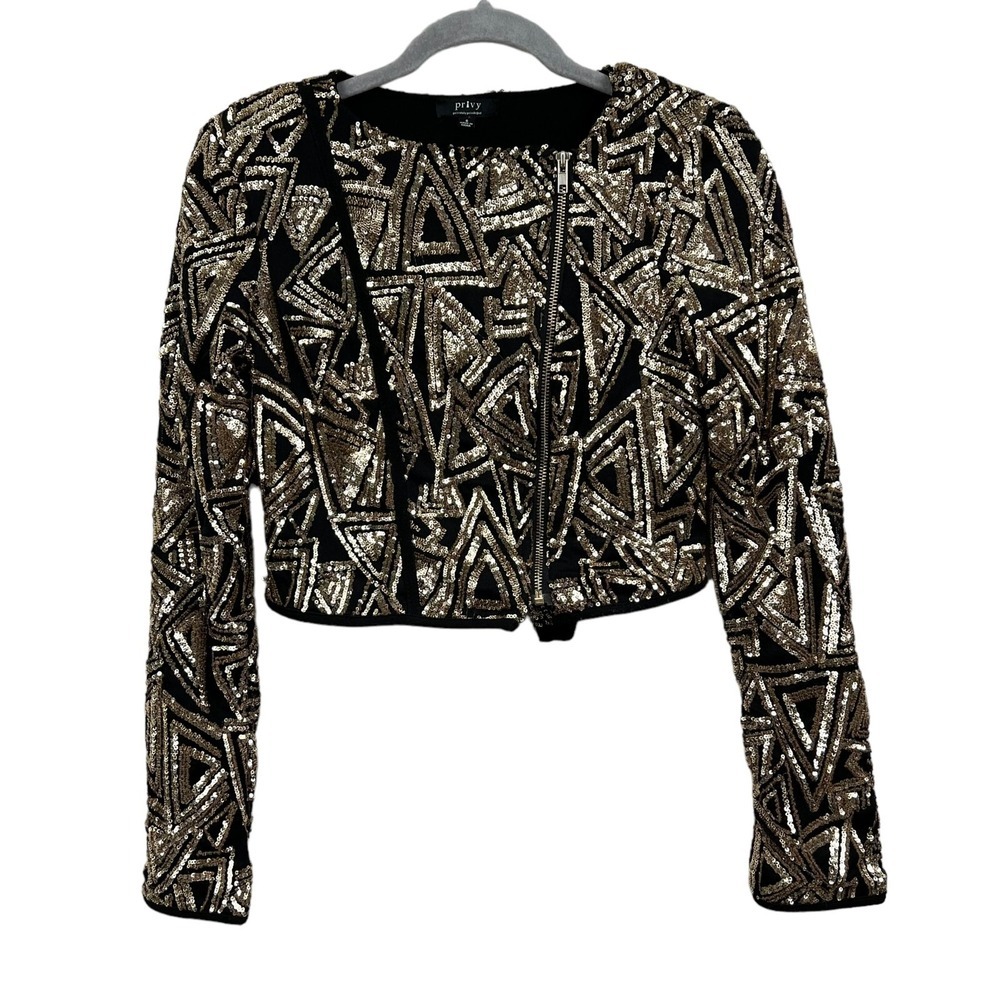 Privy Womens Sequin Jacket Collarless Asymmetric Zip Long Sleeve Gold Black Sz S